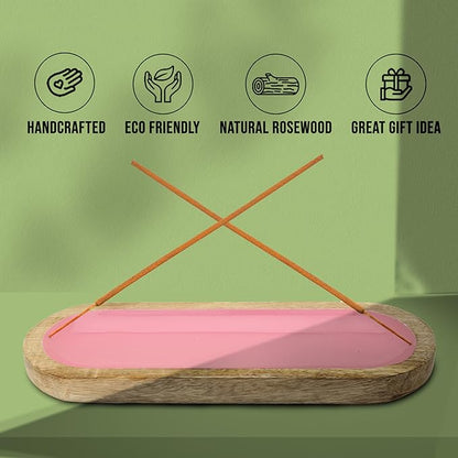 Hand Painted Pink Incense Holder-Incense Burner/Ash Catcher/Handmade Wooden Insence Tray – Modern Gift Home/Room/Kitchen Décor Size 11x4x1.2 Inches