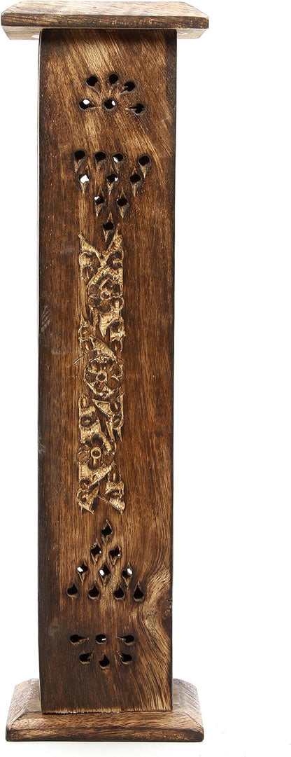 Hosley Hand-Carved Wooden Incense Stick Holder Tower – Tall Decorative Burner Box with Hinged Door for Aromatherapy, Meditation, Yoga, Home & Office Décor (Includes 20 Incense Sticks)