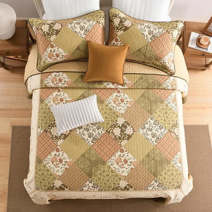 SahSahCasa 100% Cotton 128"x120" Oversized California King XL Bedspread Coverlet Quilt Set, Cal King Quilted Bedspread Extra Large Quilt, Floral Bed Spread Lightweight Comforter, Beige/Green/Brown