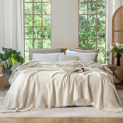 MooMee Muslin Blanket - 100% Cotton 4-Layer Gauze Throw Blanket with All-Around Fringe, Ultra-Soft Breathable Lightweight Cooling Decorative for Bed, Sofa & Couch (Beige,King 104" x 90")