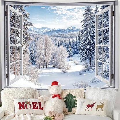 Lifeel Winter Snowy Scenic Tapestry, Forest Nature Landscape Window Tapestries, Living Room Dorm Bedroom Wall Decor White, 36x48 inches