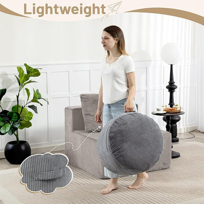Round Stuffed Pouf Ottoman,Corduroy Foot Rest with Rebound Foam Filled, Furry and Fluffy Foot Stool Ottoman, Floor Poufs for Living Room (Gray, 26" D x 26" W x 18" H)