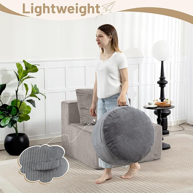 Round Stuffed Pouf Ottoman,Corduroy Foot Rest with Rebound Foam Filled, Furry and Fluffy Foot Stool Ottoman, Floor Poufs for Living Room (Gray, 20" D x 20" W x 15" H)
