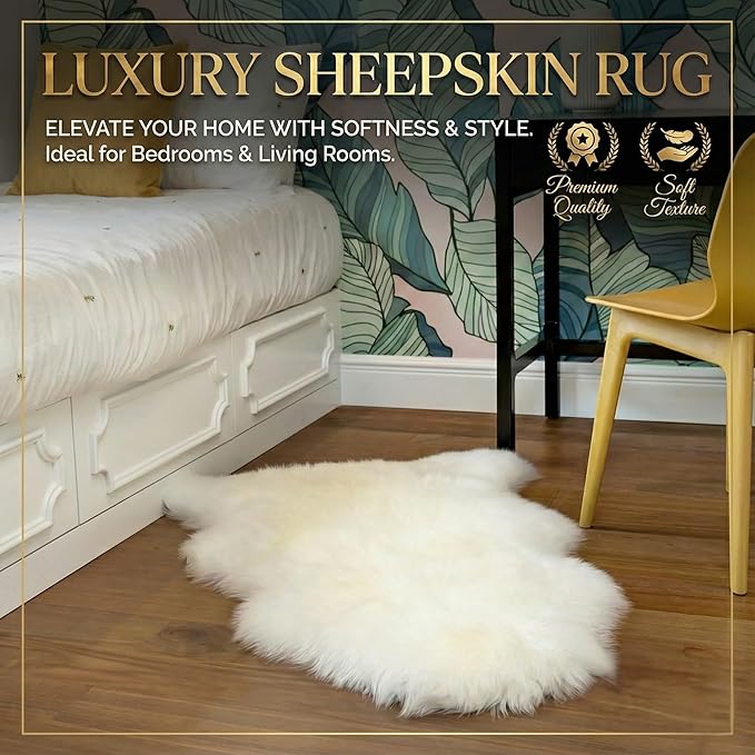 Woolous Sheepskin Rug, New Zealand Large Genuine Natural Lambskin Fur Fluffy Area Real Sheep Skin Throw Rug for Bedroom and Living Room, (Single Pelt 2x3ft,Ivory)