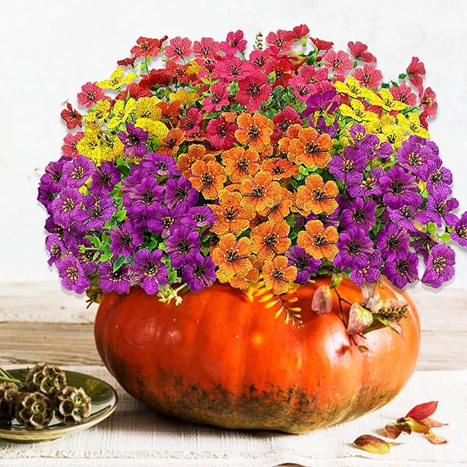 Artificial Fall Flowers for Outdoors, UV Resistant Fake Silk Flowers No Maintenance for Outside,Faux Mums Eucalyptus Plants for Porch Patio Garden Planter Box Home Autumn Outdoor Decor(10pcs)