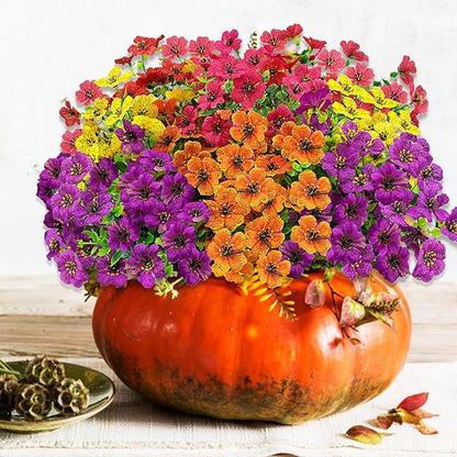 Artificial Fall Flowers for Outdoors, UV Resistant Fake Silk Flowers No Maintenance for Outside,Faux Mums Eucalyptus Plants for Porch Patio Garden Planter Box Home Autumn Outdoor Decor(10pcs)