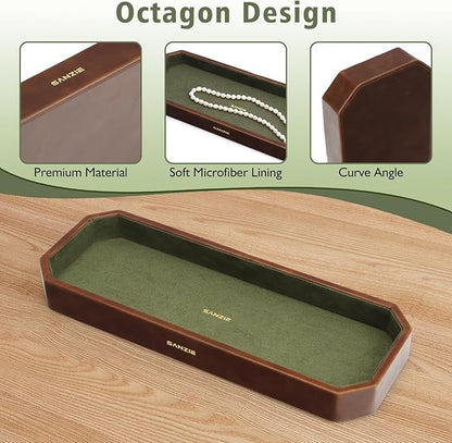 SANZIE Leather Tray Organizer Small Trays Decorative Tray Desktop Storage Premium Serving Tray Valet for Sundries Cosmetics Keys Phone Wallet Cutlery (Brown, Medium)