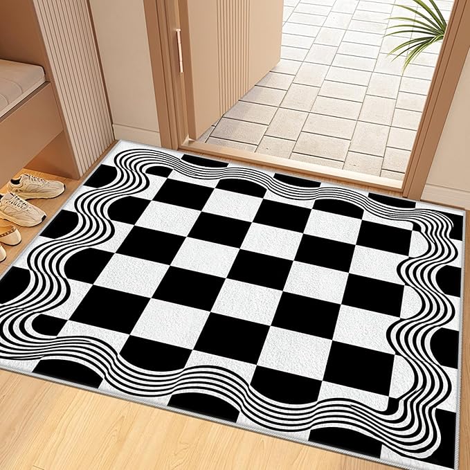 Checkered Area Rug 8x10, Checkerboard Rug, Geometric Plaid Washable Rugs, Modern Checkered Area Rugs, Wavy Line Carpet Non Slip for Bedroom Retro Home Decor Mat