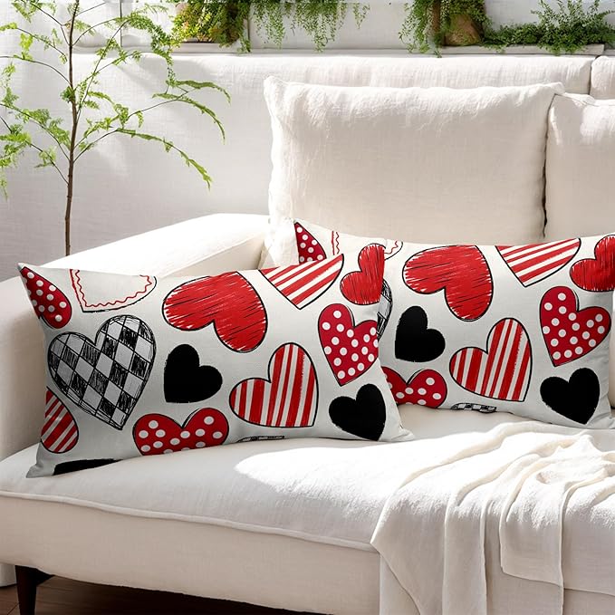Valentines Day Pillow Covers 12x20 Set of 2 Black Red Heart Throw Pillow Covers Love Pillowcase Linen Decoration Farmhouse Holiday Cozy Soft Cushion Case Couch for Indoor Outdoor Home Decor