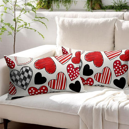Valentines Day Pillow Covers 12x20 Set of 2 Black Red Heart Throw Pillow Covers Love Pillowcase Linen Decoration Farmhouse Holiday Cozy Soft Cushion Case Couch for Indoor Outdoor Home Decor