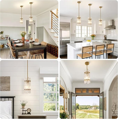 Modern Gold Crystal Pendant Light for Kitchen Island, Luxury Mini Water Ripple Glass Chandelier Lights Fixture, E26 Square Adjustable Hanging Pendant Lighting for Dining Room Bedroom (1-Pack)