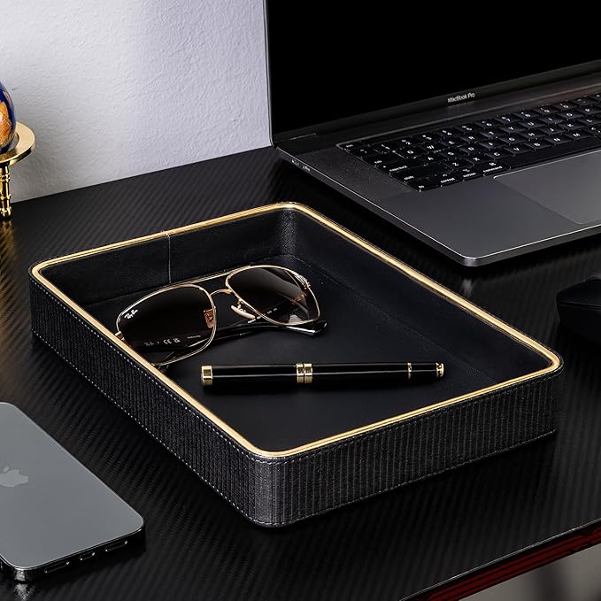 Black Leather Catchall Valet Tray for Men| Mens Valet Catch All Trays| Bedside Organizer for Nightstand| Cologne Tray for Men| Desk Trays