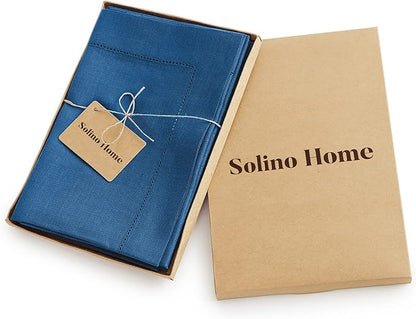 Solino Home Linen Napkins Set of 4 - Classic Hemstitch 100% Pure Linen Indigo Blue Dinner Napkins Cloth 20 x 20 Inch for New Year - Handcrafted and Machine Washable
