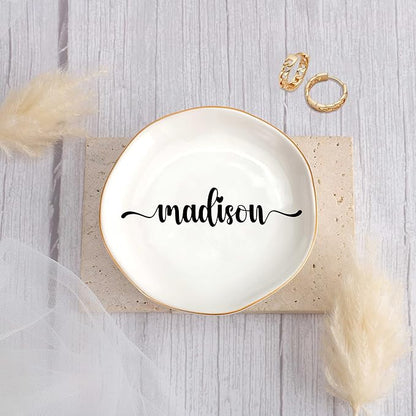 JoycuFF Madison Personalized Name Ceramic Jewelry Tray, Mothers Day Christmas Anniversary Engagement Birthday Gifts for Women Couples, Trinket Dish for Rings Earrings Necklaces Bracelets Keys
