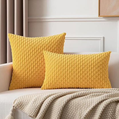 Kevin Textile 2 Packs Yellow Euro Farmhouse Decorative Throw Pillow Covers 26x26 Inch for Living Room Couch Bed Sofa Rustic Boho Home Decor Soft Striped Corduroy Square Cushion Case 66x66 cm
