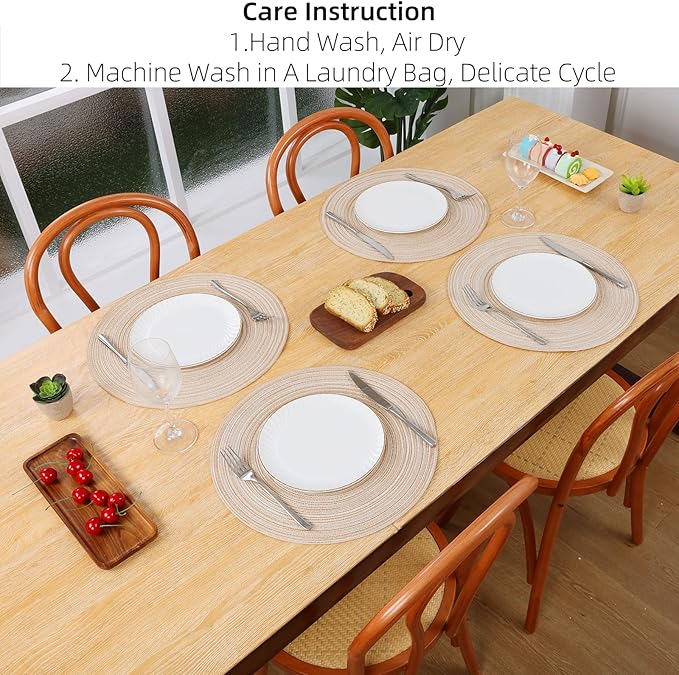 SHACOS 15 inch Round Braided Placemats Set of 6 Non Slip Heat Resistant Cotton Polyester Table Mats Washable Place Mats for Kitchen Dining Party Table Decor (Beige, 6)
