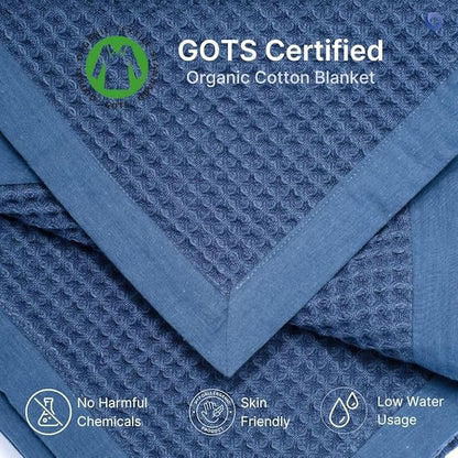 GOTS Certified Organic Cotton Waffle Weave Blanket, Twin Bed Size, 66"X90"Cozy Throw Blanket for Couch, Modern Home Decor, Throw Blankets,Comfy Waffle Blanket Soft Bed Blankets -Navy Blue