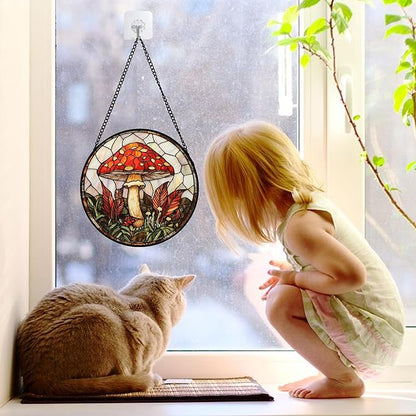 DASTOLL Stained Glass Window Hanging, Big Red Mushroom Suncatcher for Doors Home Sun Catchers Decoration and Christmas, Mother's Day Birthday Gifts for Women, Men, and Mom 6.3 in