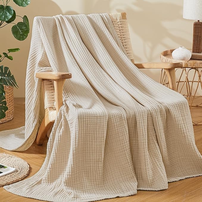 EMME Cotton Muslin Twin XL Blanket Breathable Gauze Soft Lightweight Blankets Adults Gifts for Women (Beige, 66"x90")