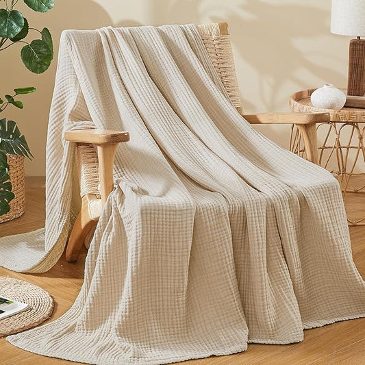 EMME Cotton Muslin Large Throw Blanket Couch Breathable Gauze Soft Lightweight Bed Blankets Adults (Beige, 50"x70")
