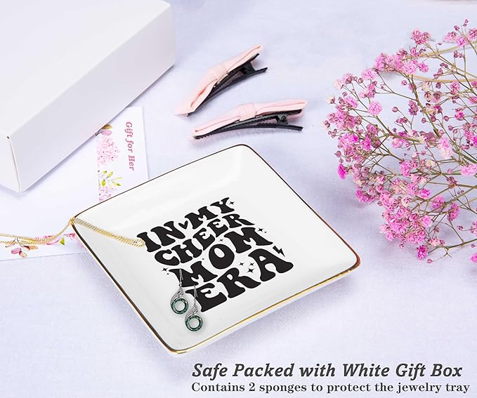 NZY Mother’s Day Birthday Christmas Gifts for Mom-Cheerleading Mother Present,Cheer Squad Mama Gift,Mum Life,Stage Mum Present,Ceramic Jewelry Tray Trinket Holder Ring Dish,In My Cheer Mom Era