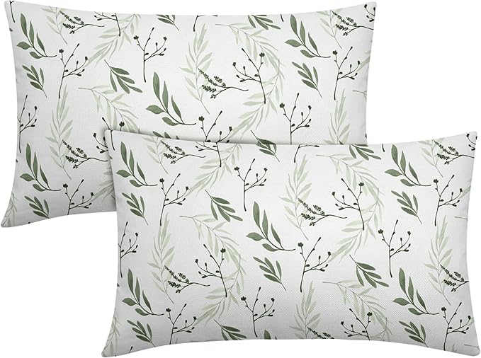 Sage Green Spring Pillow Covers 12x20 Set of 2 Leaves Throw Pillow Covers Neutral Pillowcase Linen Decoration Farmhouse Soft Decorative Plants Vintage Cushion Case Couch for Indoor Outdoor Home Decor