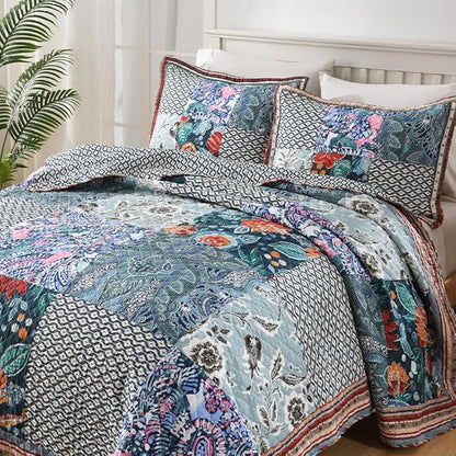 Cotton Bedspread Quilt Bedding Sets Reversible Coverlet Sets 3 Pieces Vintage Floral Blue Teal Patchwork Bedspread, King Size