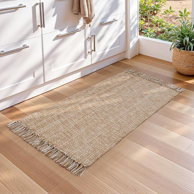 Collive Kitchen Runner Rug, 2' x 4.3' Hand-Woven Reversible Washable Rugs, Tan Cotton Modern Farmhouse Bathroom Mat Hallway Carpets for Foyer Bedroom Entry Back Door Decor
