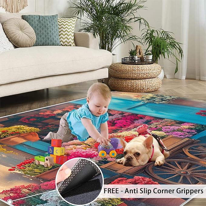 Pastoral Flowers 5x8 Area Rug Colorful Flower Shop Washable Rugs for Living Room Bedroom, Retro Wooden Door Soft Low Pile Non Slip Accent Floor Mat Print Throw Rug Indoor Carpet Dining Room Playroom