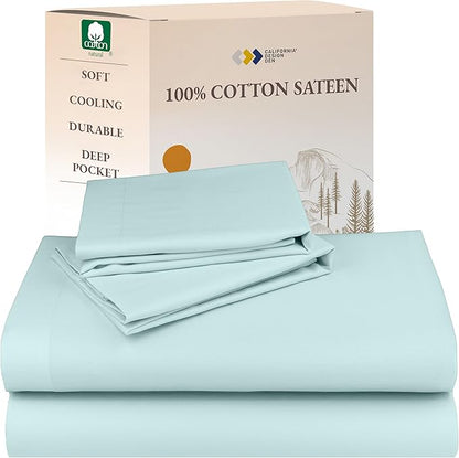 California Design Den King Sheets Set - Natural 100% Cotton Sheets King Size with Deep Pockets, Soft Sateen Weave, Breathable and Durable Bedding Set (Seafoam)