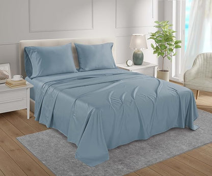 100% Egyptian Cotton Sheets Queen Size Set, 800 TC Deep Pocket Queen Sheets Set, Soft Breathable Sateen Weave 4 PC Elasticated Sheet & Pillowcase Sets, No Pill & Shrink, Fade Resistant- French Blue