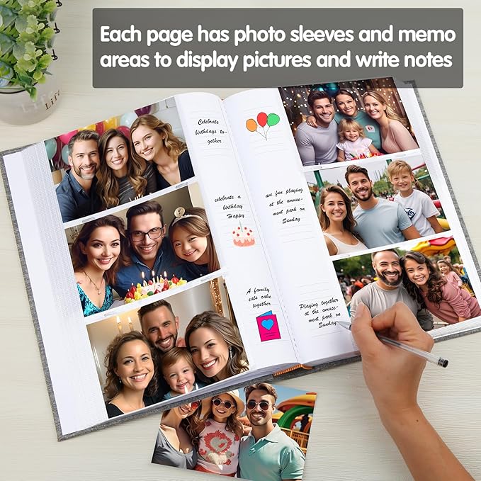 XFveiwoo Photo Album 4x6 450 Photos with Writing Space,4 x 6 Photo Book Linen Cover with Front Window, 4x6 Picture Album 450 Photos Photo Album Book for Wedding Kids Travel Family Baby Pictures, Grey