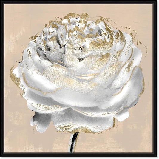 Art Remedy Beige Ranunculus Canvas Elegant White Gold Wall Art, Black Frame, 40" x 40"
