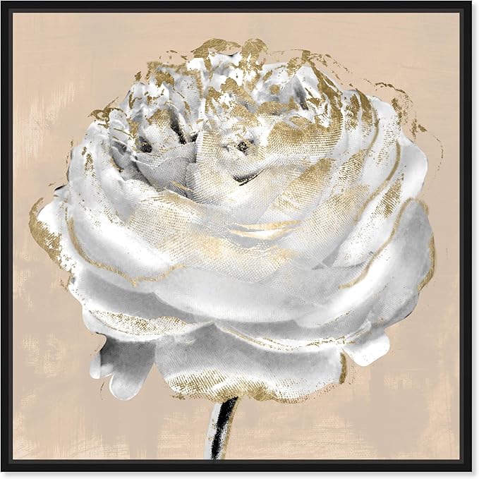 Art Remedy Beige Ranunculus Canvas Elegant White Gold Wall Art, Black Frame, 30" x 30"