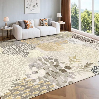 DEXDE 8x10 Area Rug, Soft Washable Abstract Area Rugs Non-Slip Vintage Boho Rug Leaves Floral Print Carpet for Living Room Bedroom Office Dining Room Playroom, Gray