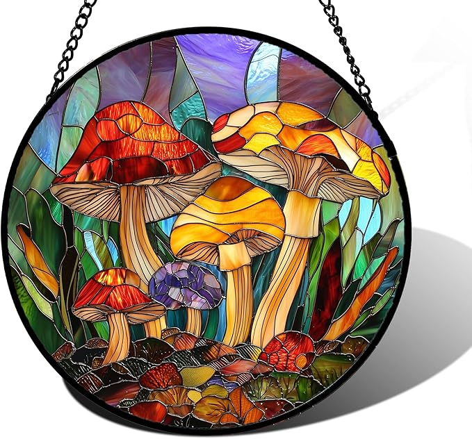 DASTOLL Stained Glass Window Hanging, Jungle Mushrooms Sun Catchers Diamond Glass Panel Hangings Plant Suncatcher Decor for Birthday for Women, Men, Wife, Aunt, and Mom 11.8x11.8 in