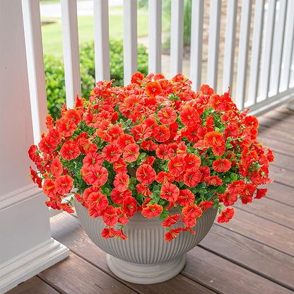 Artificial Flowers for Outdoors Fake Plants Spring Summer Decor, 12 Bundles Orange Silk Morning Glory with Eucalyptus Look Real UV Resistant Faux Flowers for Outside Planters Front Door Yard Indoor