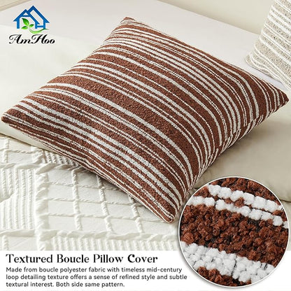 AmHoo Pack of 2 Textured Boucle Throw Pillow Covers Accent Striped Cozy Soft Decorative Couch Cushion Case for Chair Sofa Bedroom Living Room Home Decor 18 x 18-Inch Rustic Brown