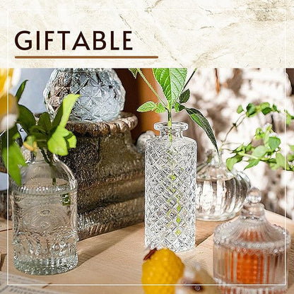 Bud Vase Set of 6, Small Flower Vases for Decorative, Gradient Glass and Embossed Vintage Style Mini Bottles for Home Décor, Centerpiece 3.3"-5.2''H(Clear+Green)