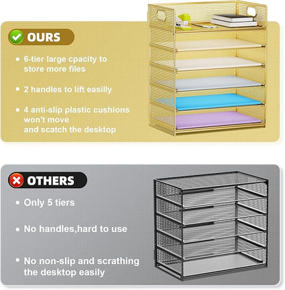 Marbrasse 2 Pack Desk Organizer with Handle, 6 Tier Paper Letter Tray, Mesh Desk File Organizer for Office, School and Home - Gold