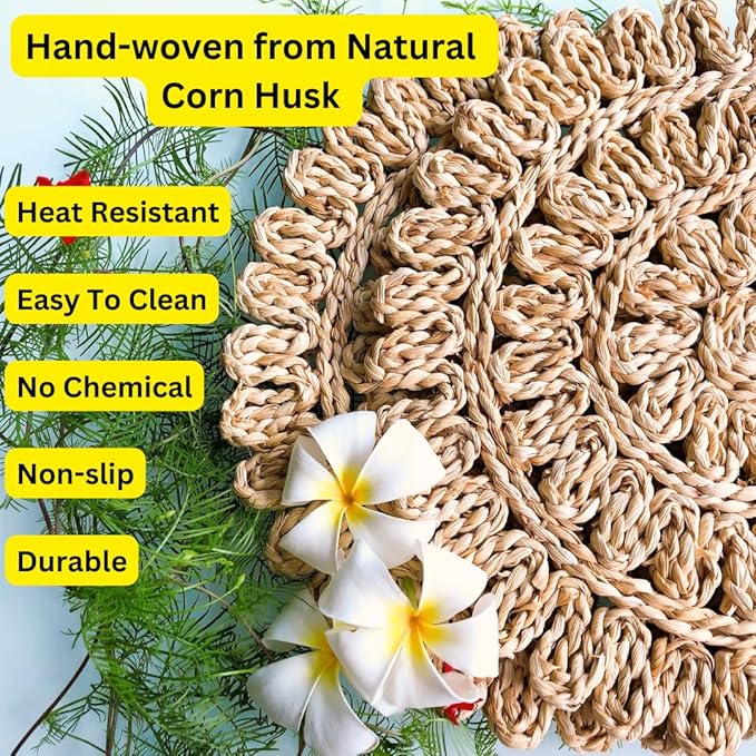 13.8” Set of 6 Round Woven Placemats from Natural Corn Husk, Boho Wicker Place mats, Rattan Round Placemats for Farmhouse and Spring, Summer Parties