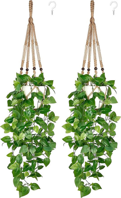 Mkono 2 Packs Fake Hanging Plant with Pot, Artificial Plants for Home Decor Indoor Macrame Plant Hanger with Faux Vine Hanging Planter Greenery for Bedroom Bathroom Office Decor, Brown (Pothos)