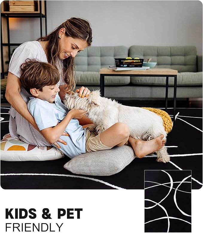 YIHOUSE Modern Washable Area Rug for Living Room Bedroom - Large Abstract Black and White Rug Non-Slip Ultra-Thin Home Decor (Dark Curve, 6'x9'ft)