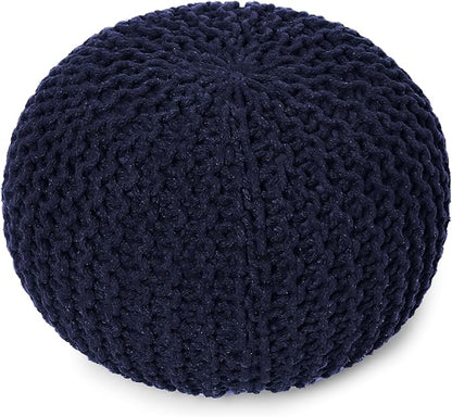 REDEARTH · Round Pouf Foot Stool Bean Bag Ottoman - Cable Knitted Cord Boho Pouffe - Poof Accent Bean Bag - Handmade by Artisans for Living Room - Bedroom (19.5"x19.5"x14") - Navy Blue
