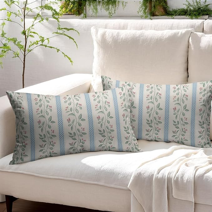 Vintage Floral Pillow Covers 12x20 Set of 2 Striped Boho Decor Blue Green Pillowcases Summer Printed Grand Millenial Throw Pillow Covers Soft Cozy with Zipper for Sofa Bed Chair Home Decoration