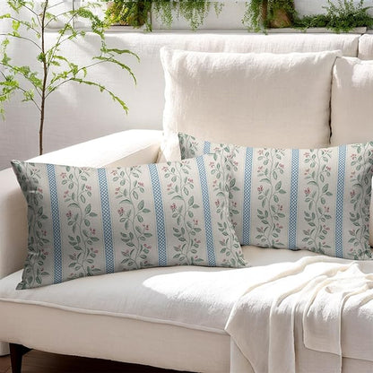 Vintage Floral Pillow Covers 12x20 Set of 2 Striped Boho Decor Blue Green Pillowcases Summer Printed Grand Millenial Throw Pillow Covers Soft Cozy with Zipper for Sofa Bed Chair Home Decoration