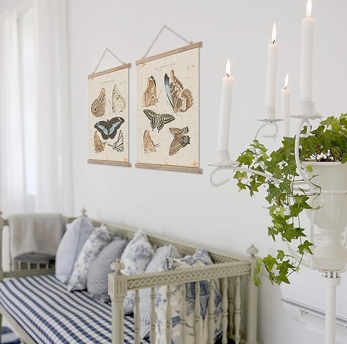 Vintage Butterfly Hanging Posters, Retro Style of Wall Art Prints, Printed on Linen with Wood Frames, Ready to Hang