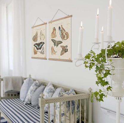 Vintage Butterfly Hanging Posters, Retro Style of Wall Art Prints, Printed on Linen with Wood Frames, Ready to Hang