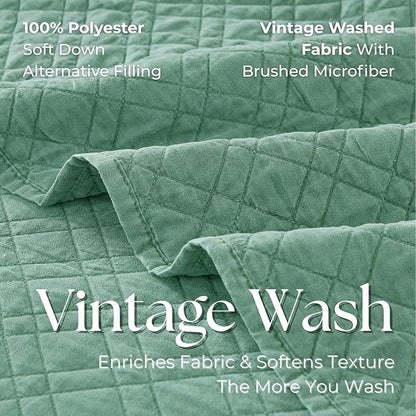 Cali King Quilt Set with Shams Lightweight Quilted Bedspread Coverlet Thin Comforter Bed Cover Vintage Washed Quilted Blanket for All Season, Brushed Microfiber Diamond Stitching, Green, 111"x92"