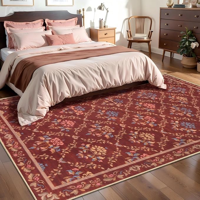 Tangsoo 5x7 Washable Area Rug, Non Slip Red Floral Indoor Rug, Soft Low Pile Floor Carpet for Living Room, Bedroom, Dining Room, Pet & Child Friendly Room Decor, Easy to Clean